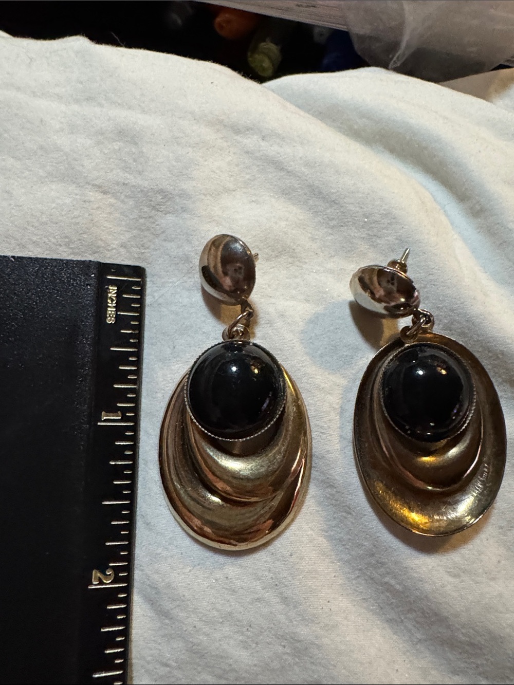 Goldtone & Black Stone Post Drop Earrings - Picture 3 of 4